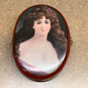 Vintage Porcelain Rossetti Portrait Trinket Box Small Oval Hinged Top Floral